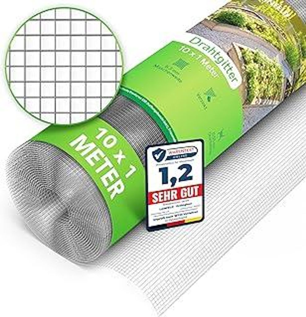 Drahtgitter feinmaschig | 10 x 1 Meter | Wühlmausgitter für Hochbeete mit 6,3 mm Maschenweite | Hasendraht Volierendraht Hochbeet Zubehör