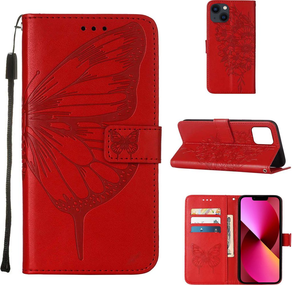 iPhone 13 Hülle, Schmetterling Prägung Flip Leder Kartenfächer Schutzhülle Ledertasche mit Ständer für iPhone 13 Rot