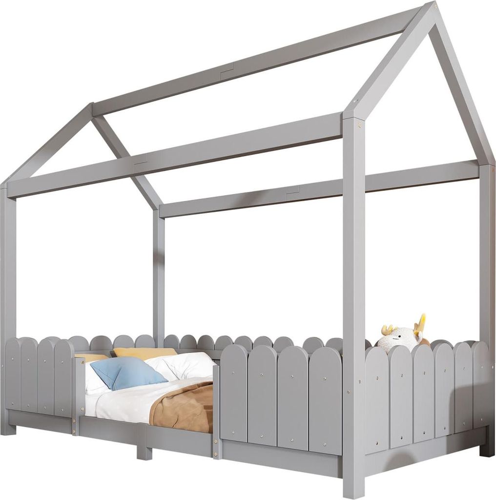 Hausbett(Grau)90x200 cm - vielseitiges Holz Kinderbett für Jungen & Mädchen - Mit Rausfallschutz und Lattenrost-(Ohne Matratze)