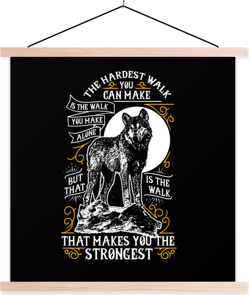 MuchoWow Textilposter Wolf - Tiere - Retro - Zitat 120x120 cm mit holzfarbenen Rahmen - Textil-Poster