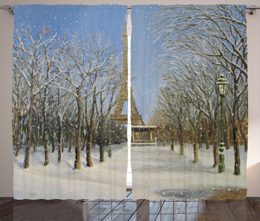 ABAKUHAUS Winter Rustikaler Vorhang, Snowy Paris Blick auf die Stadt, Wohnzimmer Universalband Gardinen mit Schlaufen und Haken, 280 x 175 cm, Blau...