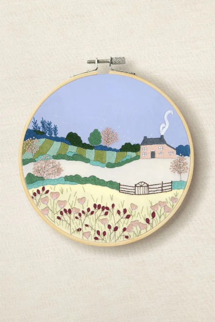 Kit broderie pré-imprimé Paysage de Printemps DMC avec tambour 18,5 cm inclus