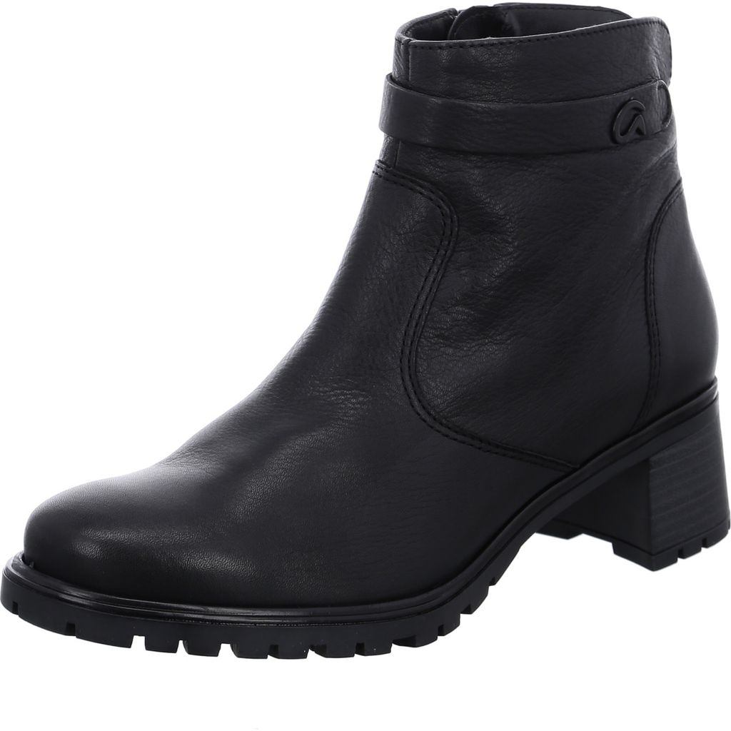 A black leather ankle boot with a block heel and a strap around the ankle.