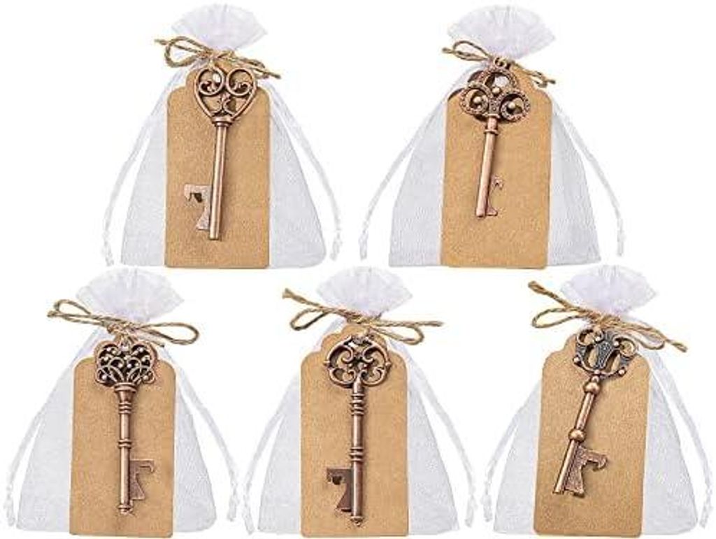 Gastgeschenke Hochzeit 50 Stück: 5 Stile Vintage Flaschenöffner mit DIY Karte und Geschenktasche transparent für Taufe Kommunion Konfirmation Ge...