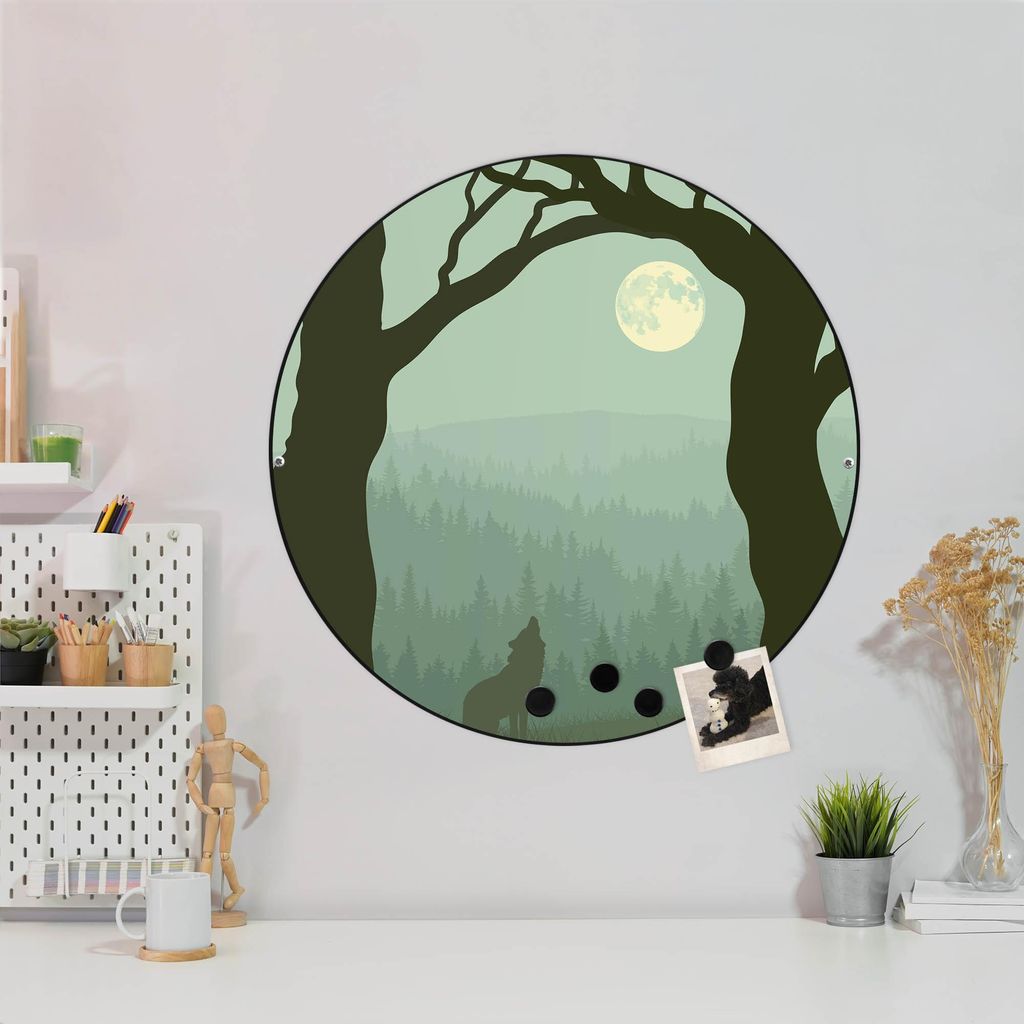 Design Stahlmagnettafel Schwarz Rund 47cm Heulender Wolf