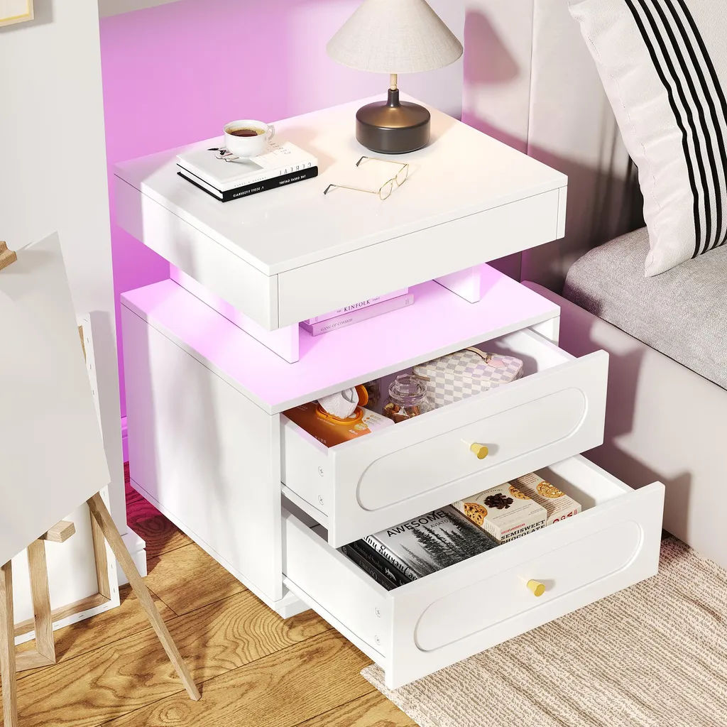 Table de Nuit Blanche à LED avec 2 Tiroirs - Meuble de Chambre Adulte Chic