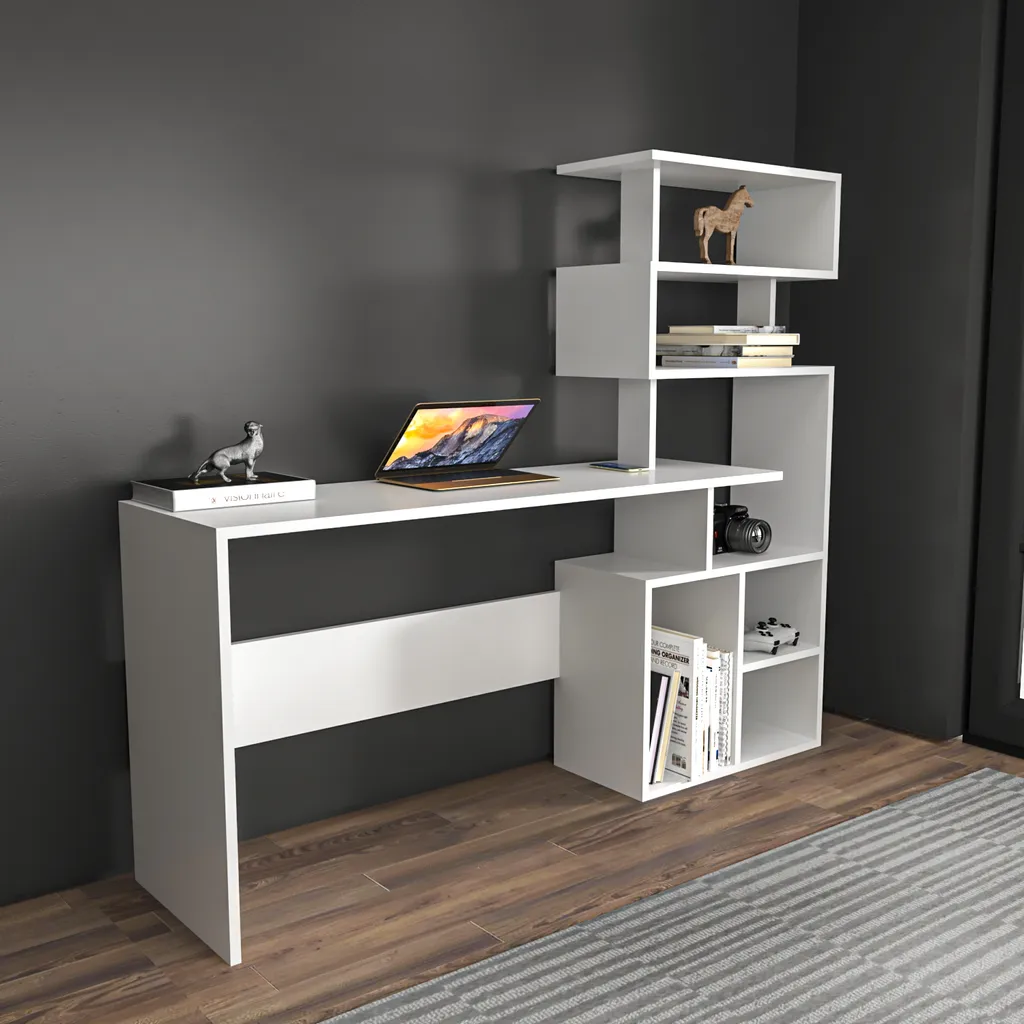 Bureau Decorotika Next avec étagères asymétriques Blanc Hauteur 125 cm