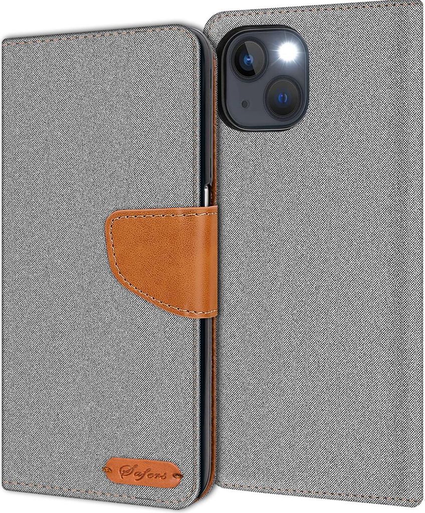 Conie Jeans Style Klapp Tasche für iPhone 13 Kartenfach Hülle Rundumschutz in Grau