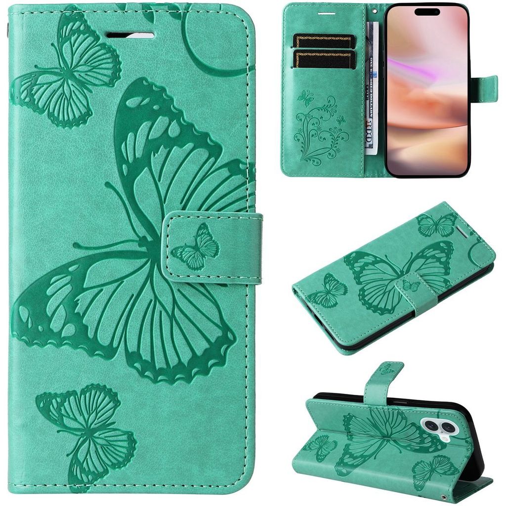 Mobigear Butterfly iPhone 16 Plus Hülle Klapphülle Geldbörse - Grün