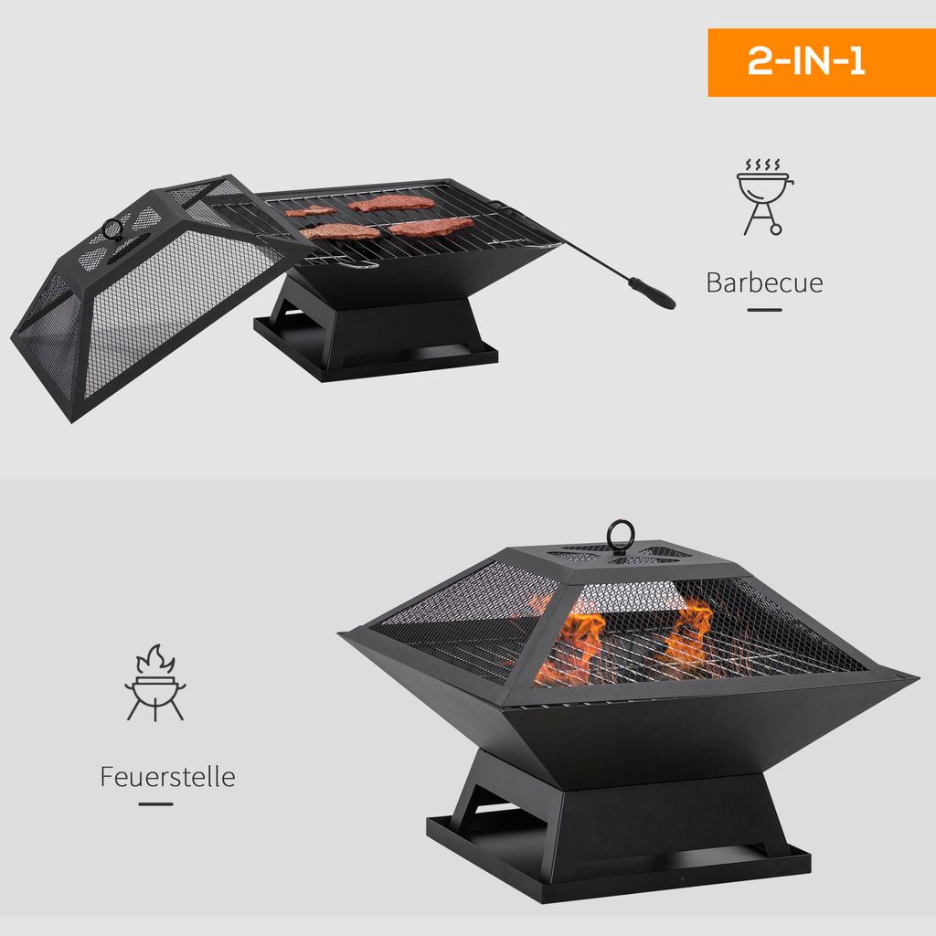 Outdoor Feuerstelle - Feuerschale mit Grillrost - Funkenschutz - Für BBQ, Garten und Terrasse - Schwarz