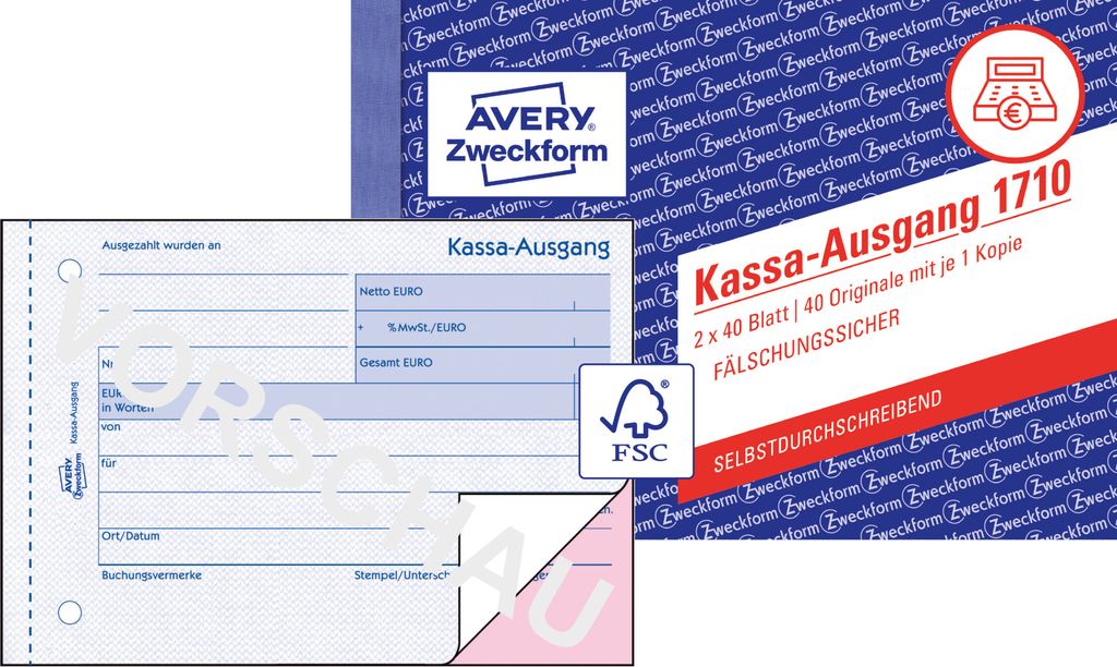 Avery Zweckform 1710, Kassa-Ausgang, A6 quer, selbstdurchschreibend, 2x40 Blatt
