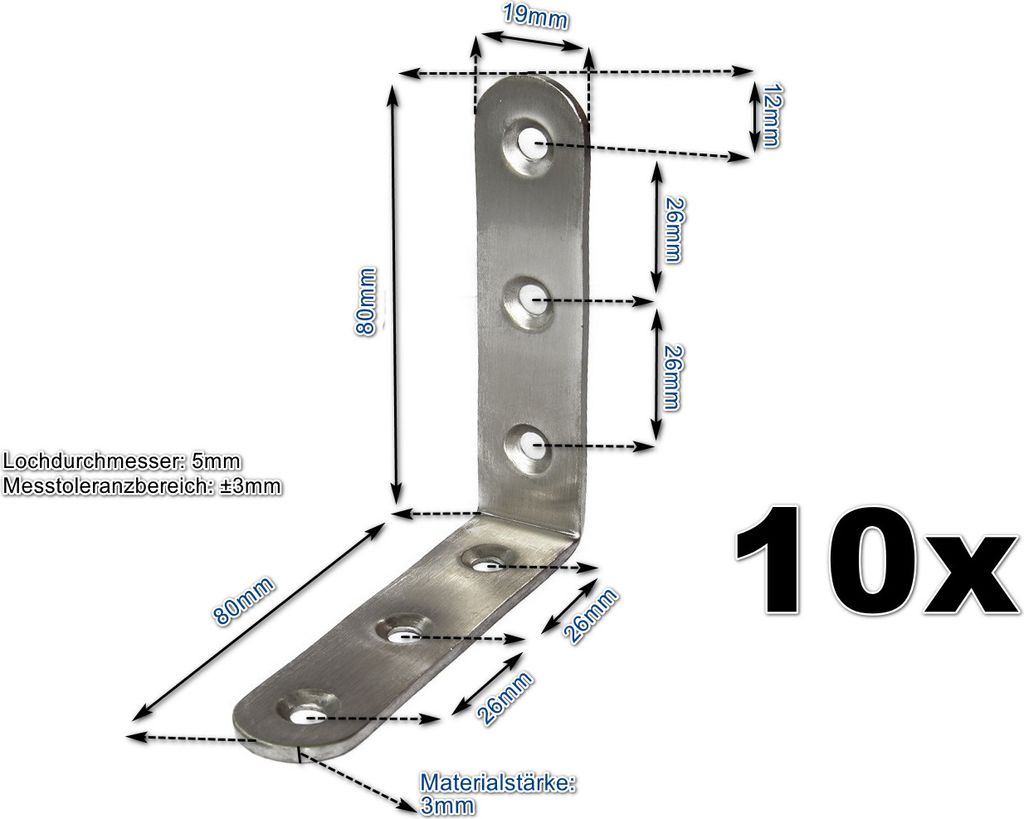 10x Edelstahl Winkel 80x80x19mm Lochwinkel Metallwinkel Balkenwinkel (SET)