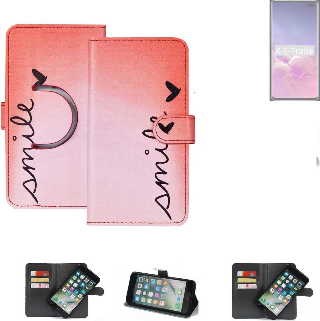 K-S-Trade Schutzhülle Handyhülle kompatibel mit Samsung Galaxy S10+ (Dual-SIM) Hülle cover bookstyle Etui ''smile'' rot Standfunktion Kameraschutz