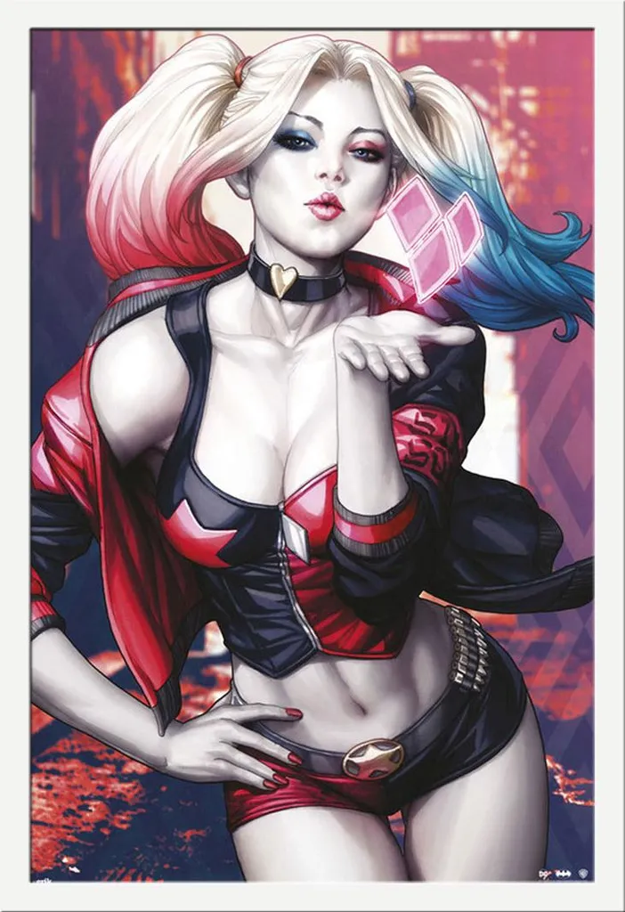 DC Comic - Poster - Harley Quinn Kiss + cornice rimovibile, Shinsuke® Maxi MDF bianco, vetro acrilico