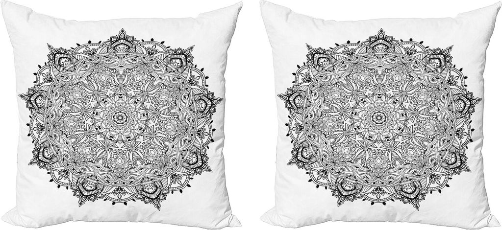 ABAKUHAUS Mandala Kissenbezug Set (2Stück), Spitze wie Macro Round Tribal Motiv mit Mix Paisley Blatt Elemente Kitsch Bild, 50 x 50 cm, Weiß Schwarz