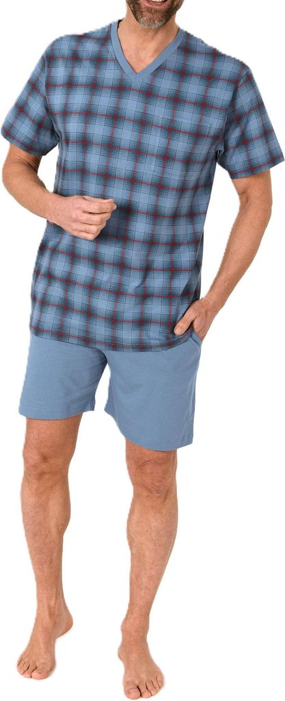 Normann Herren kurzarm Schlafanzug Shorty Pyjama Oberteil kariert - auch in Übergröße ; blau , 58