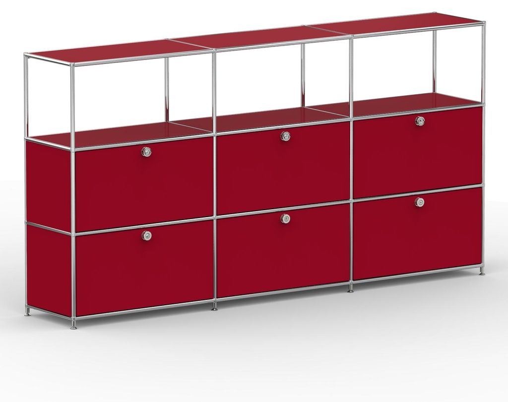 Hochschrank, 3 offene Fächer, 6 Klappen, Breite 227 cm, Rubinrot