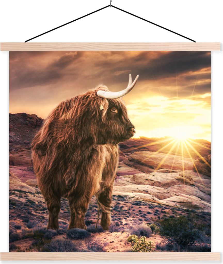 MuchoWow Textilposter Kuh - Schottisches Hochlandrind - Steine 60x60 cm mit holzfarbenen Rahmen - Wanddekoration