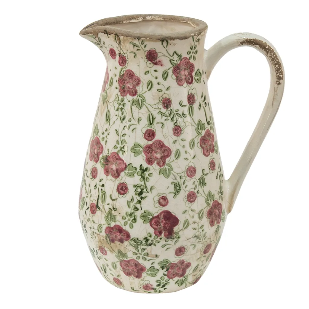 Brocca Ceramica Clayre & Eef Fiori Rosa Beige 20x14x25 cm - Vintage