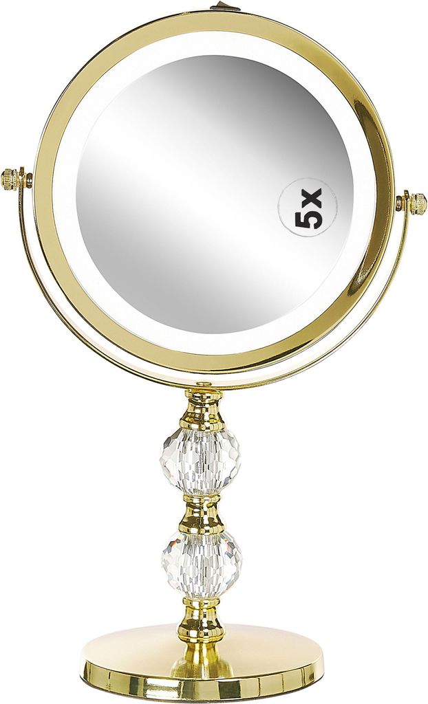 BELIANI Schminkspiegel Gold Eisen rund doppelseitig drehbar mit LED Licht Ständer 5-fach Vergrößerung Modern Kosmetikspiegel Tischspiegel