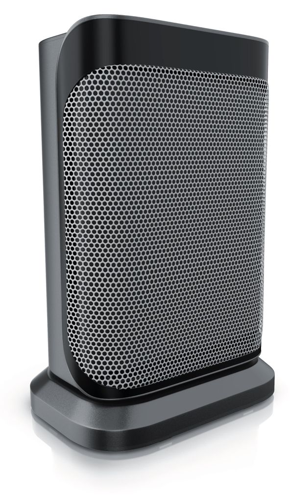 A black and gray ceramic heater shown from a slightly elevated side angle against a white background.