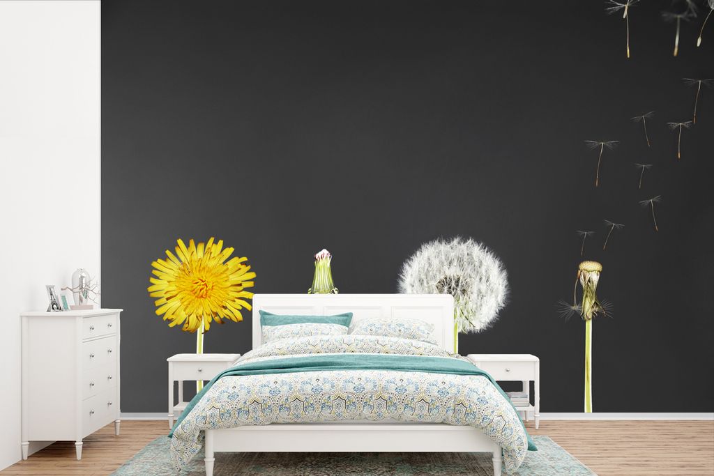 MuchoWow Fototapete für Wohnzimmer oder Schlafzimmer Wandtapete Vinyl Motivtapete Löwenzahn - Wachsen - Schwarz - 420x280 cm - Zimmer für Kinder