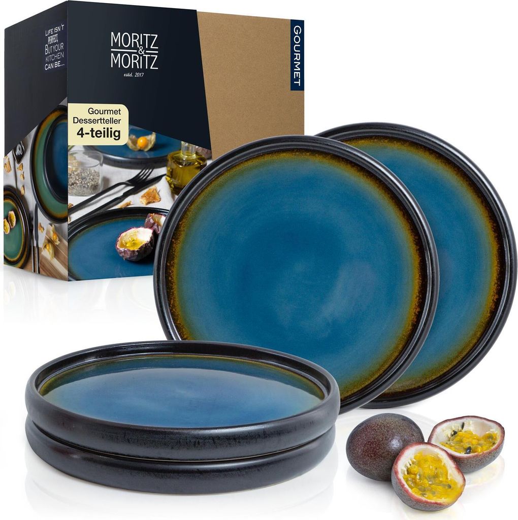 Moritz & Moritz SOLID 4x Kleine Teller 21cm - Steinzeug Dessertteller Set Blau/Braun