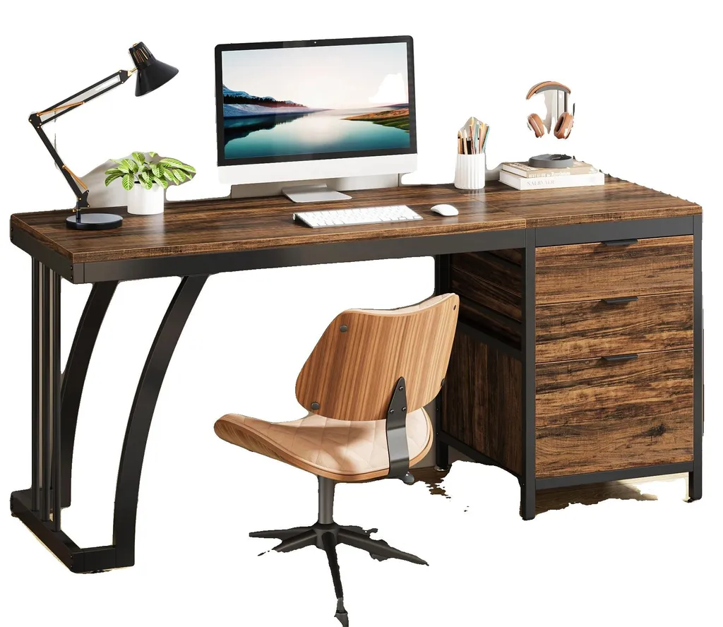 Bureau de télétravail marron 01 avec grand plateau et tiroirs modulables