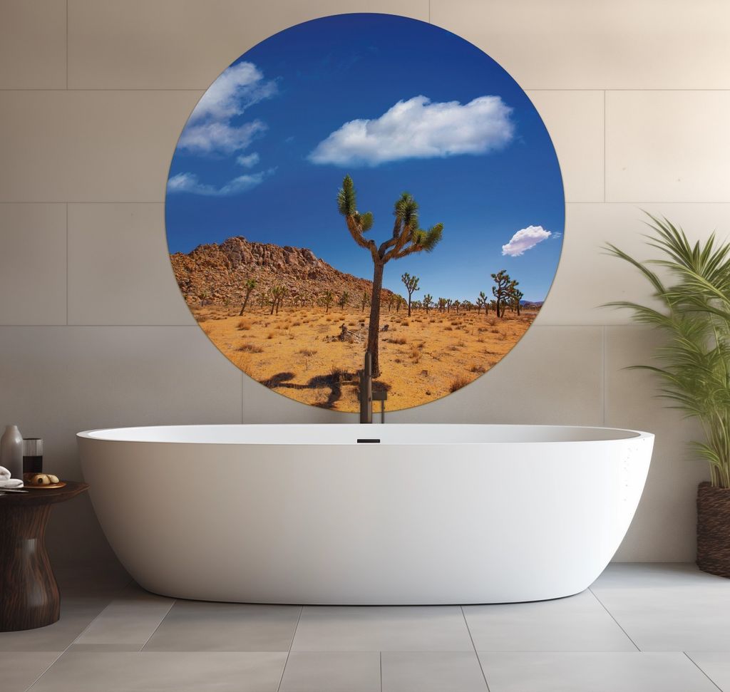 Wallario wasserfestes Poster selbstklebend 120 x 120 cm, Palmlilie im Nationalpark Yucca Valley Wüstenlandschaft, Badezimmerposter Spritzschutz mi...