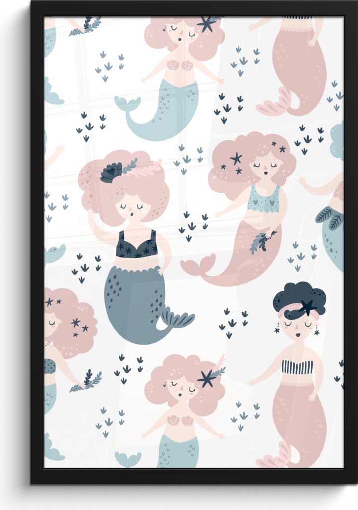 MuchoWow MuchoWow Gerahmtes Poster Meerjungfrau - Schnittmuster - Kinder - Mädchen - Baby 40x60 cm - Poster mit zchwarzem Bilderrahmen - Papie...