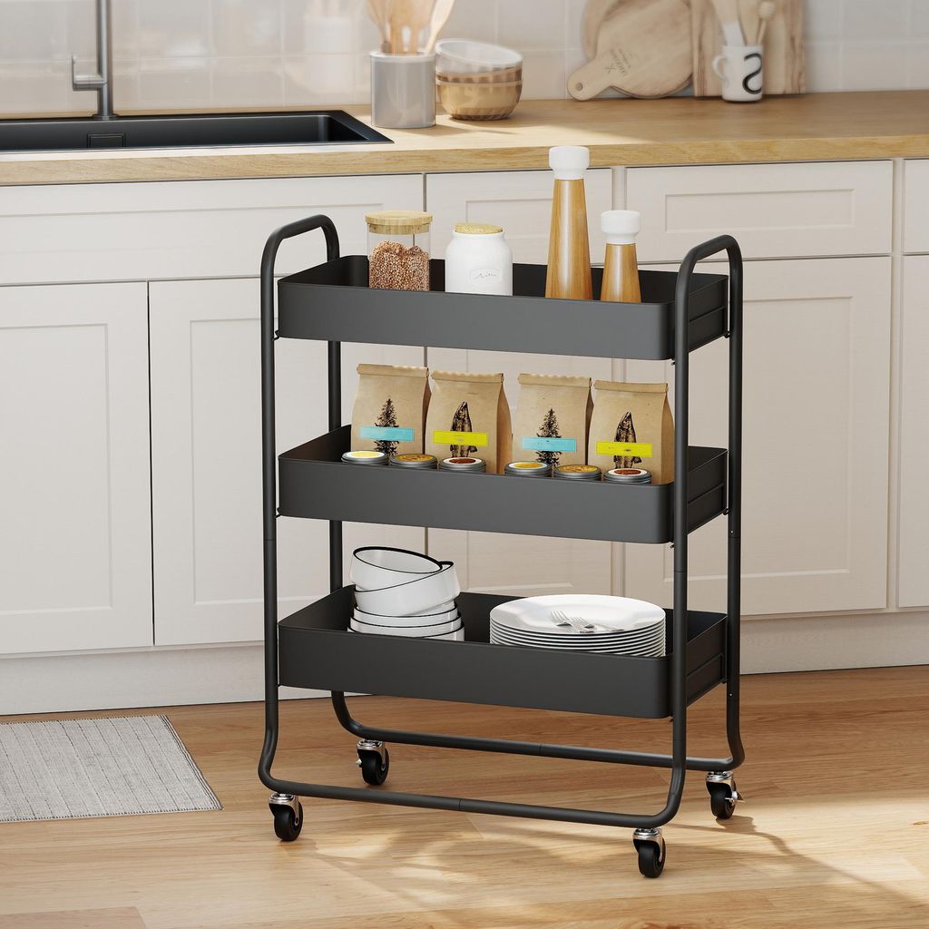 SUGIFT Rollwagen Aufbewahrungswagen Gitter, Küchenwagen Metall mit 3 Körben, Beistellwagen, Schwarz | 2 Bremsen | 5,3 kg | 64,5 x 34 x 87 cm