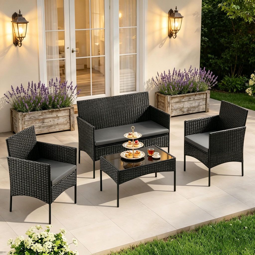 Gartenmöbel Set 4-teilig Lounge-Set aus PE-Rattan für 4 Personen Gesprächsmöbel Set mit Sofa 2 Sesseln und Glas-Couchtisch Schwarz