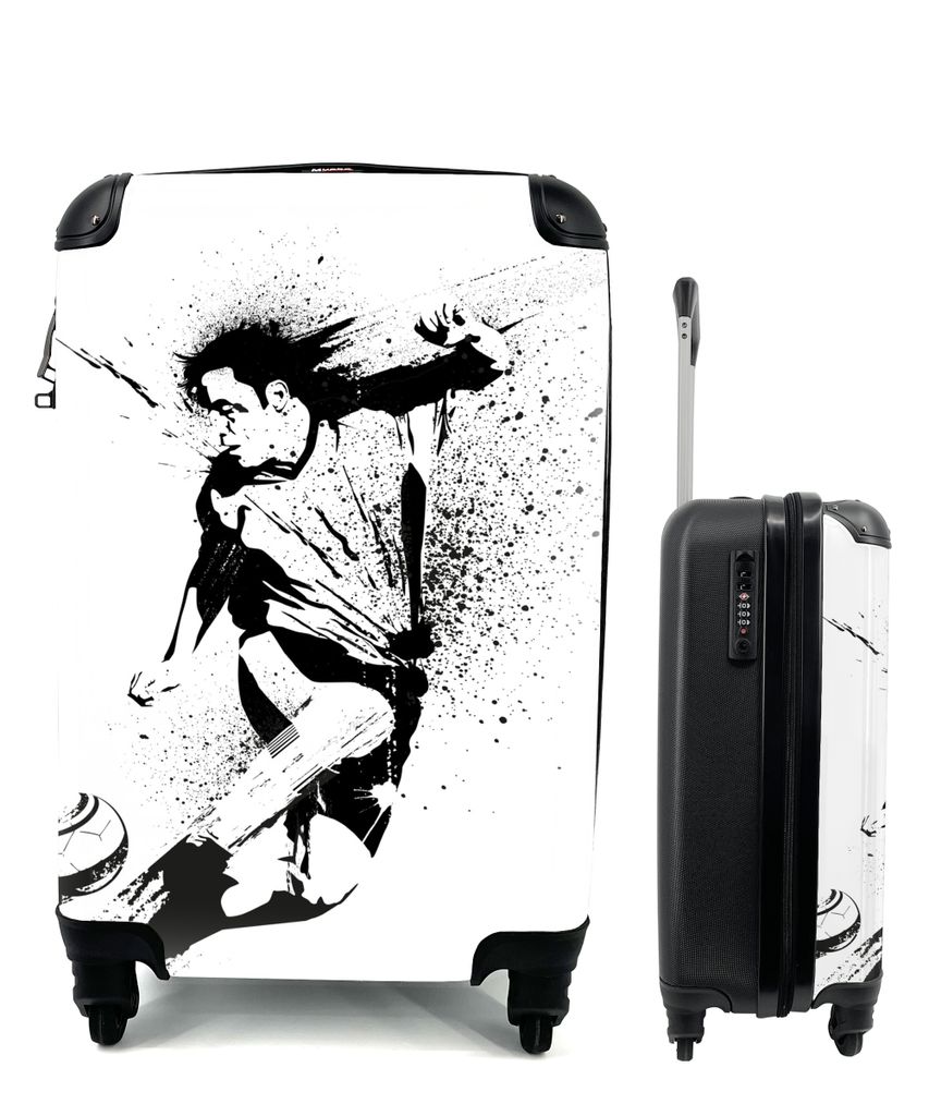 MuchoWow Koffer Handgepäck Trolley Rollkoffer Kleine Reisekoffer mit 4 Rollen - Eine Illustration einer Person, die einen Fußball in Richtung T...