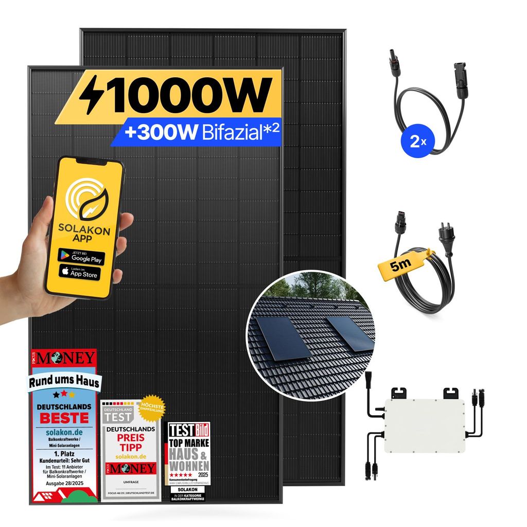 Balkonkraftwerk 1000W Solaranlage mit Ziegeldach Halterung (Einzelmontage) Steckerfertig Komplettset Photovoltaik Anlage 800W, Kabellänge: 5m, Sol...
