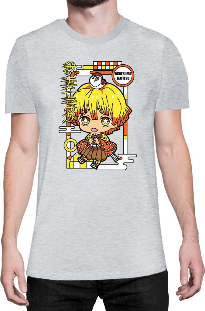 Herren T-Shirt Demon Anime Slayer Kimetsu No Yaiba Chibi Zenitsu Agatsuma, Man L / Grau