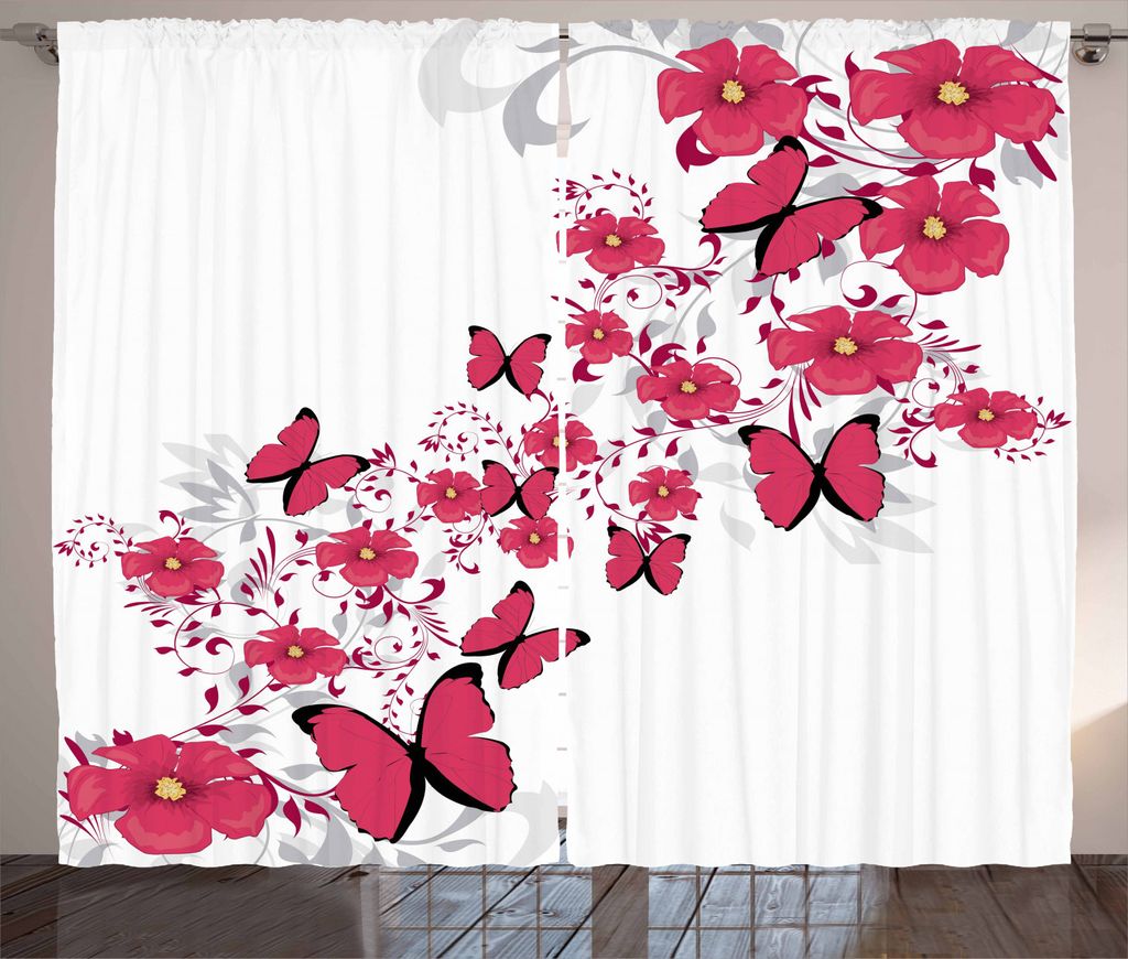 ABAKUHAUS Pink und Weiß Rustikaler Vorhang, Blumen-Schmetterling, Wohnzimmer Universalband Gardinen mit Schlaufen und Haken, 280 x 225 cm, Dunkle ...