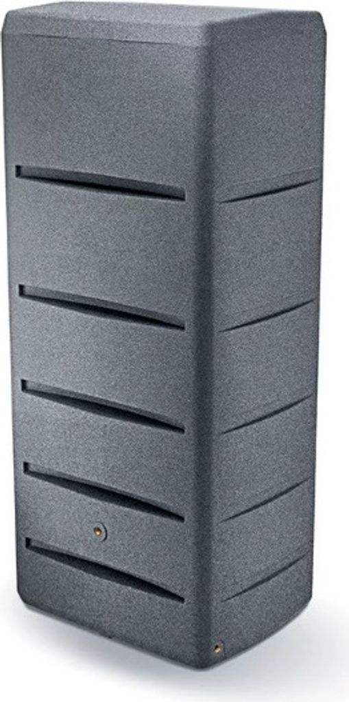 A gray, rectangular water butt with horizontal slots on the front and sides, set against a white background.