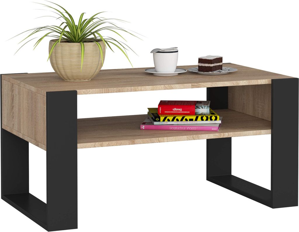 Couchtisch AKORD DOMI Kaffeetisch Sonoma-Eiche 92 cm Front Schwarz B92 x H45 x T53 cm