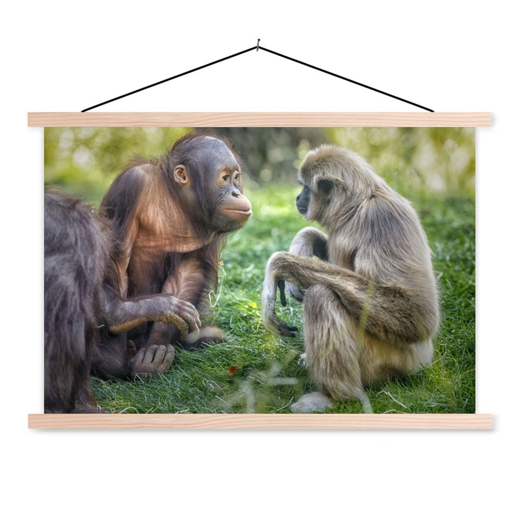 MuchoWow Textilposter Affen - Tiere - Familie 120x80 cm mit holzfarbenen Rahmen - Aufhängeset