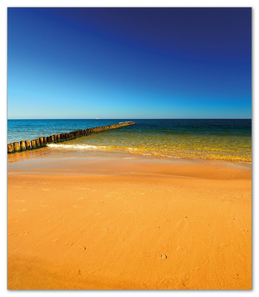Wallario Herdabdeckplatte aus Glas, Größe 52 x 60 cm 1-teilig, Motiv Sandstrand in orange - Blaues Meer - Blauer Himmel