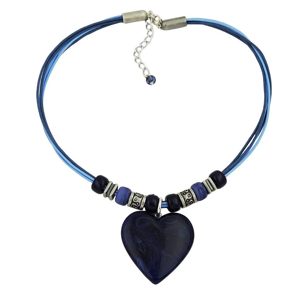 Kette Landhaus-Stil Kunststoffperlen Herz blau marmoriert Produktbild 