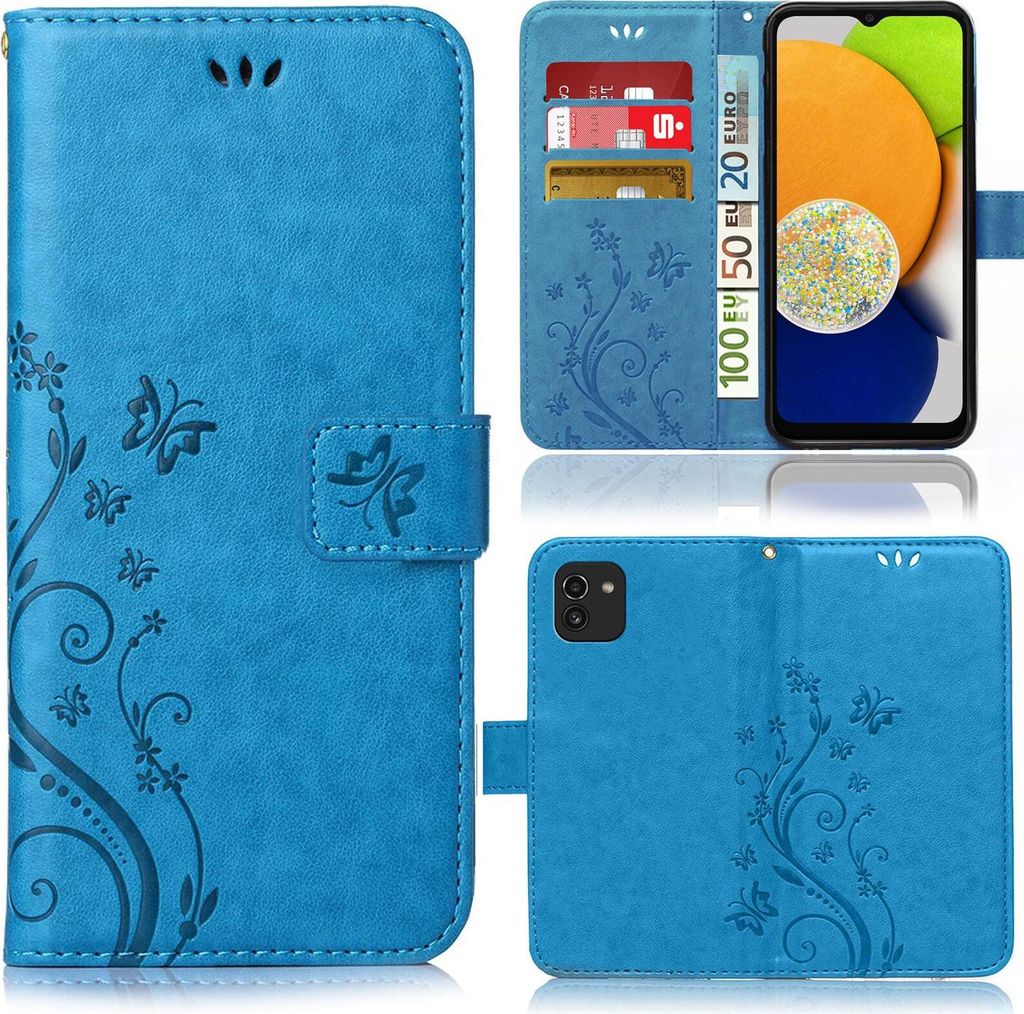 A collage of images showing a blue flip phone case with a floral and butterfly design, including a view of the inside with card slots and a phone inserted.
