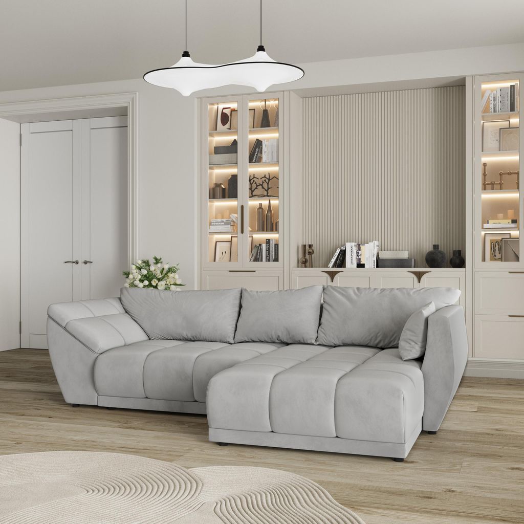 Masseno Ecksofa ORENTI R-S mit Schlaffunktion L-Form, Sofa mit Bettkasten, Wohnzimmersofa, Couch, Soffa, Bettsofa, Couchgarnitur- Hellgrau, MATT VE...