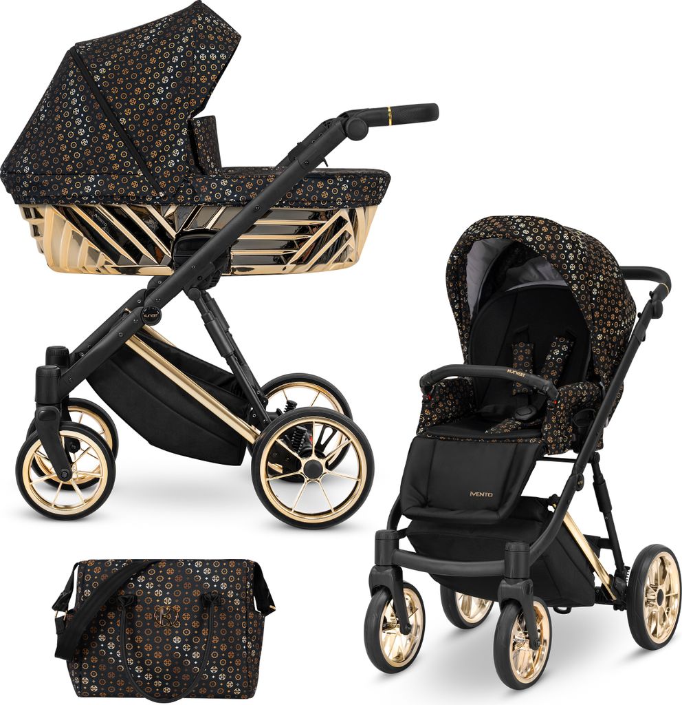 Kinderwagen IVENTO GLAM Sportwagen Babywagen Babyschale Komplettset Kinder Wagen Set 2 in 1 (Black Style, Rahmenfarbe: Gold)