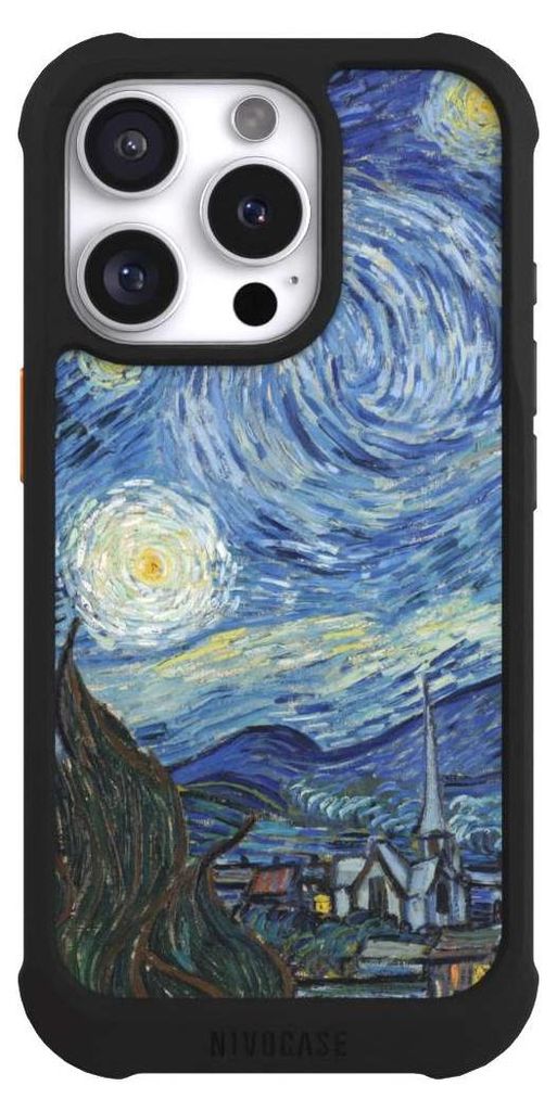 NIVOCASE Hülle für Apple iPhone 16 Pro Stoßfeste Handyhülle NIVOmax Case Schwarz Kunst The Starry Night