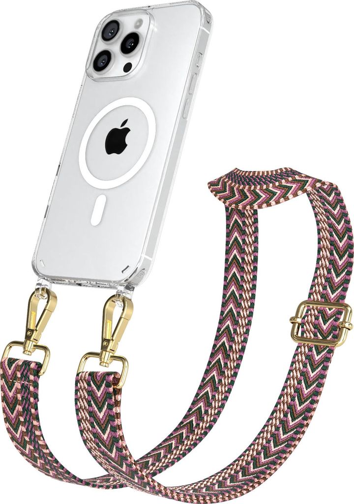 EAZY CASE - Handykette mit MagSafe Hülle für Apple iPhone 16 Pro Max, Handyband ZigZag Style,Karabiner Gold, Umhängeband in Dunkelrot