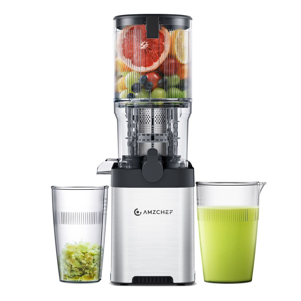 AMZCHEF Entsafter Slow Juicer mit 126MM Breite und Größere Einfüllöffnung, Entsafter für Ganze Gemüse und Obst, Leicht zu Reinigen, Silber