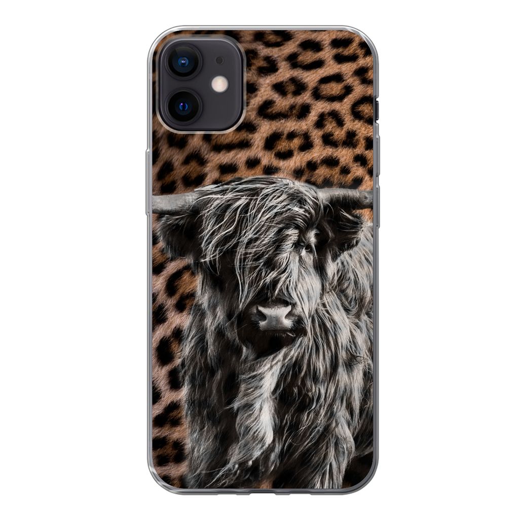 MuchoWow Handyhülle Schutzhülle Hülle für iPhone 12 mini Schottischer Highlander - Pantherdruck - Schwarz - Weiß Silikon Softcase Handy Hül...