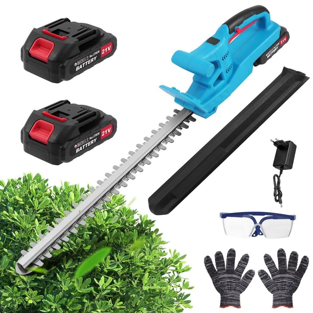 Akku Heckenschere, 21V Elektrische Heckenschere, Heckenschneider mit 2 Akkus & Ladegerät