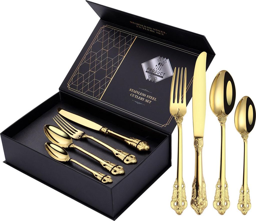 Goldenes Besteckset 24 Teile, SUS304 Edelstahl, Spiegelpoliert, Messer Gabel Löffel